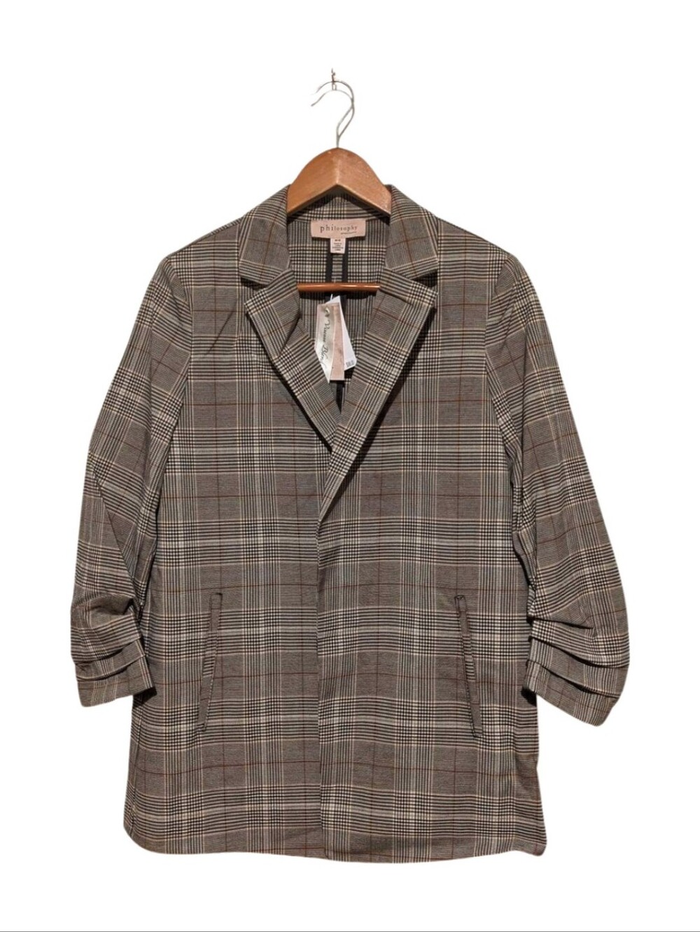 Nwt Black Brown Plaid Blazer Jacket Philosophy Open Front Scrunch Sleeve